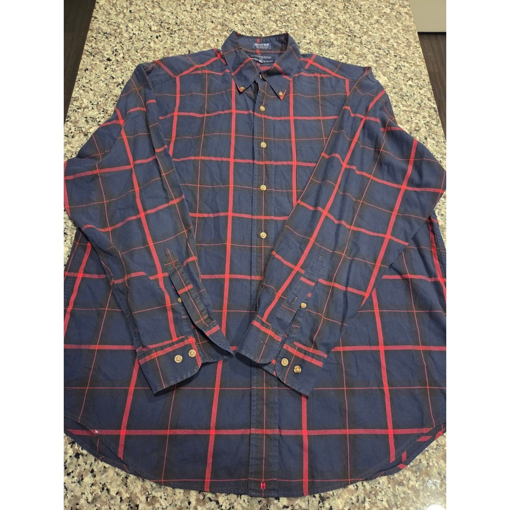 Hathaway Sport Men Large Navy Blue Red Windowpane Plaid Cotton Button Down Shirt